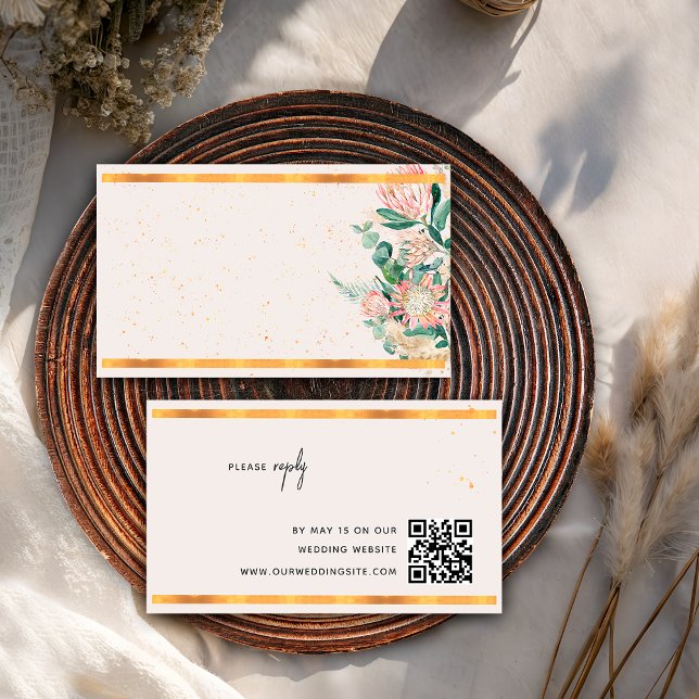 Cartão De Informações Pampas Grass Protea Gold QR Code Wedding RSVP (Criador carregado)