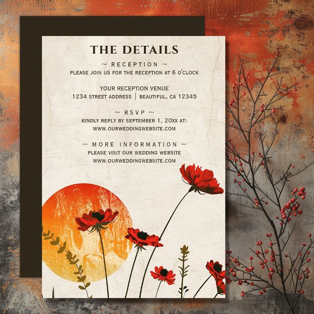 Cartão De Informações Papas Vermelhas Boho Wildflower Sunset Detalhes do (Red Poppies Boho Wildflower Sunset Wedding Details Enclosure Card)
