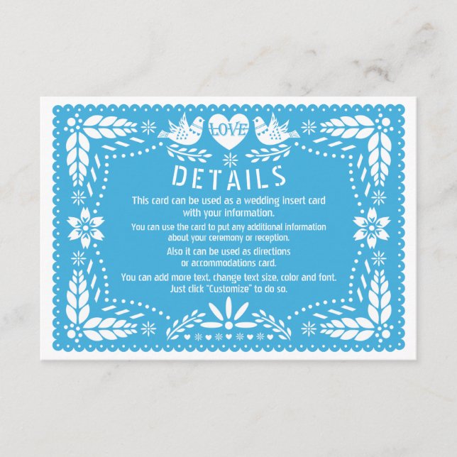 Cartão De Informações Papel picado ama pássaros azul detalhes do casamen (Frente)