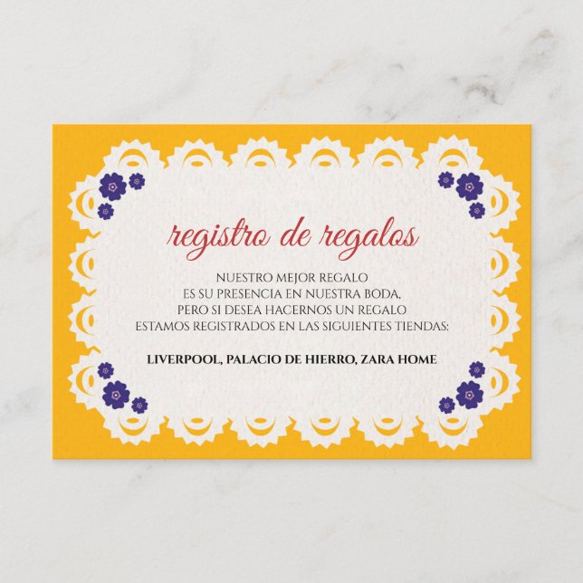 Cartão De Informações Papel Picado Yellow Nuestra Boda Spanish Wedding (Frente)