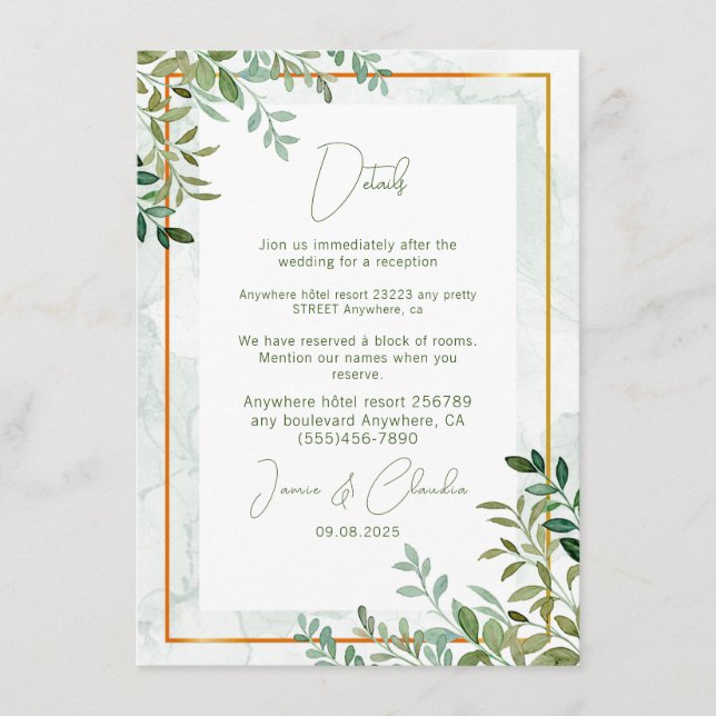 Cartão De Informações Papelaria de casamento com folhagem verde em aquar (Frente)