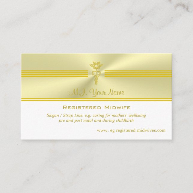 Cartão De Informações Parteira registrada com ouro caduceus brilhante (Frente)