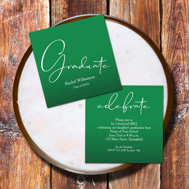 Cartão De Informações Partido Verde do Formando White Script (Small 2.5" x 2.5" invitations to hand out or mail with your graduation announcements (no envelopes))