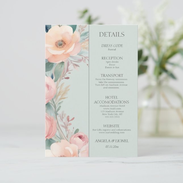 Cartão De Informações Pastel Floral Elegance Wedding (Em pé/Frente)