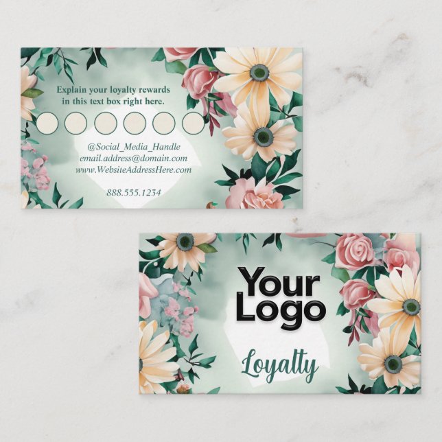 Cartão De Informações Pastel Flower Elegance Sage Green Floral Rosa (Frente/Verso)