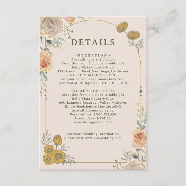 Cartão De Informações Pastel Gold Floral Wedding Enclosure Card  (Frente)