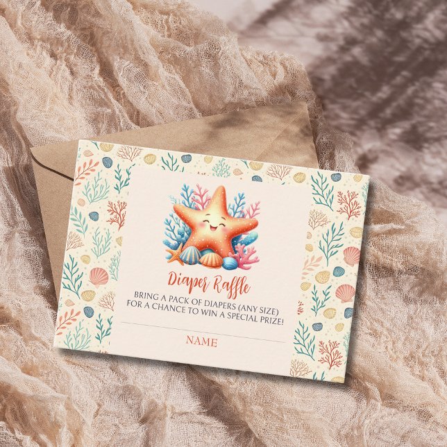 Cartão De Informações Pastel Ocean Starfish Baby Shower Diaper Raffle (Criador carregado)