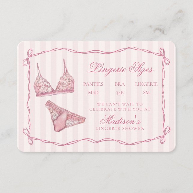 Cartão De Informações Pastel Pink Lingerie Sizes Shower Bow (Frente)