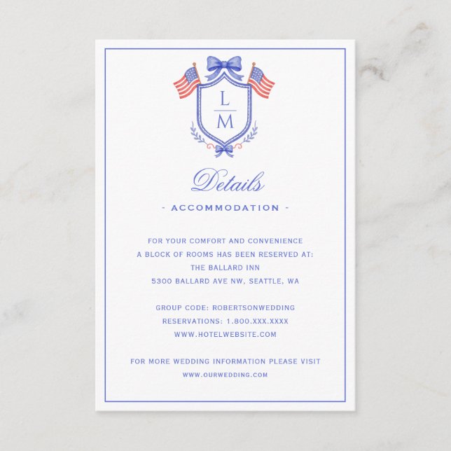 Cartão De Informações Patriotic US Flag Crest | Monogram Wedding Details (Frente)