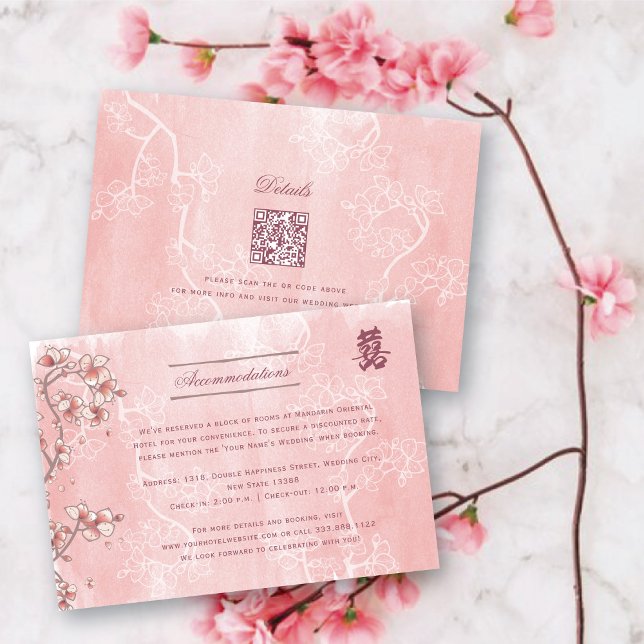Cartão De Informações Peach Blossoms Dupla Felicidade Casamento Chinês (Pink Peach/Plum Blossoms Double Happiness Elegant Chinese Wedding Enclosure Card @ fatfatin_red_knot)
