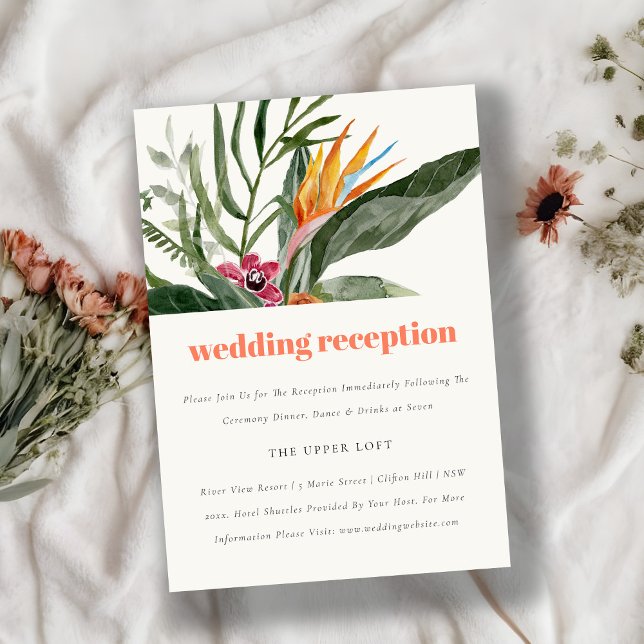 Cartão De Informações Peach Blush Boho Recepção de casamento Floral Trop (Criador carregado)