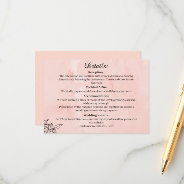 Cartão De Informações  Peach Botanical Wedding Details Card (Frente/Verso In Situ)