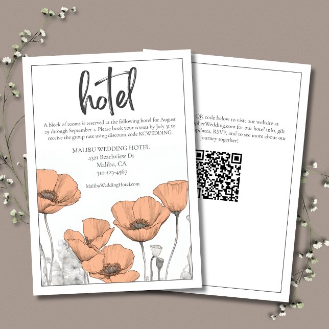 Cartão De Informações Peach Elegant Floral Poppies Weds Wedding Hotel (Peach Floral Wedding Hotel Enclosure Card with California Poppies, Modern Typography, and QR Code.)
