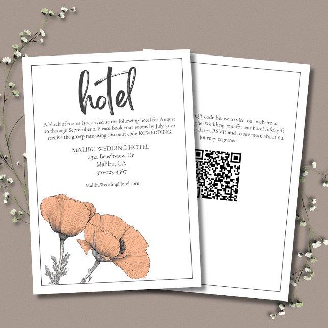 Cartão De Informações Peach Floral Poppies Modern Elegant Wedding Hotel (Peach Poppies Wedding Hotel Enclosure Card goes with Peach Poppies Elegant Wedding Invitation Suite.)