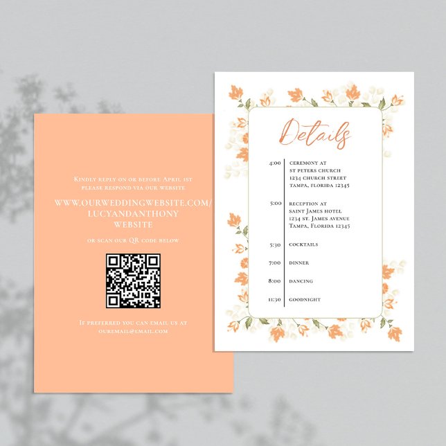 Cartão De Informações Peach Floral Wedding Details RSVP (Elegant peach floral foliage wedding details card with a simple timeline.)