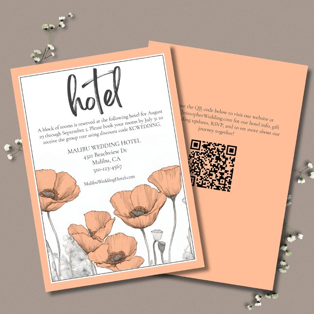 Cartão De Informações Peach Poppies Floral Elegant Wedking Hotel (Peach Floral Wedding Hotel Information Information Card featuring poppies and QR code.)