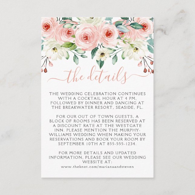 Cartão De Informações Peach Watercolor Floral Wedding (Frente)