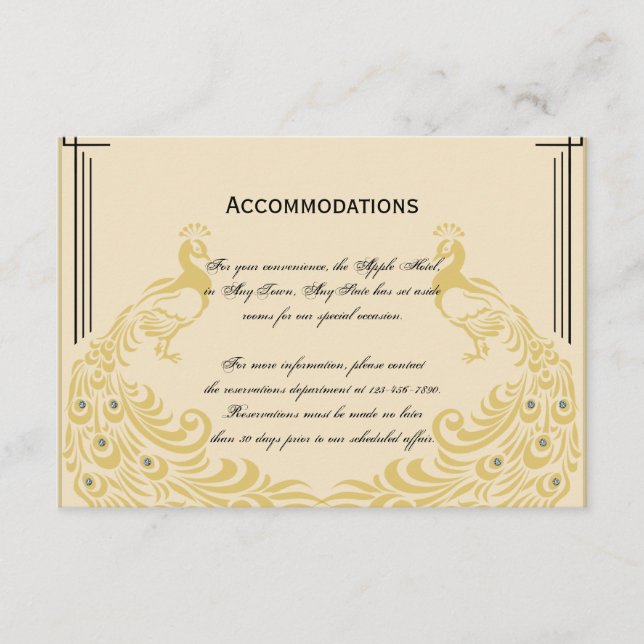 Cartão De Informações Peacock Elegance com um casamento de Art Deco Flai (Frente)