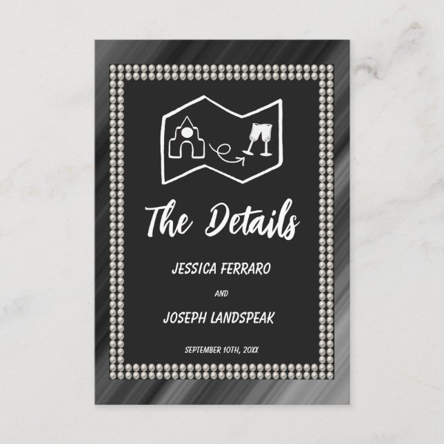 Cartão De Informações Pearls & Map preto e branco retrorados (Frente)