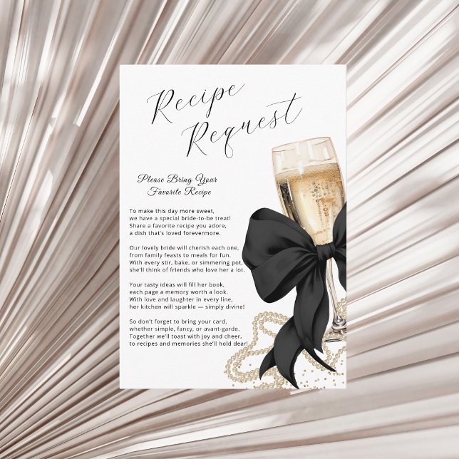 Cartão De Informações Pearls & Prosecco Bridal Recipe Black Bow (Coquette Black Bow & Pearls Bridal Shower Enclosure card)