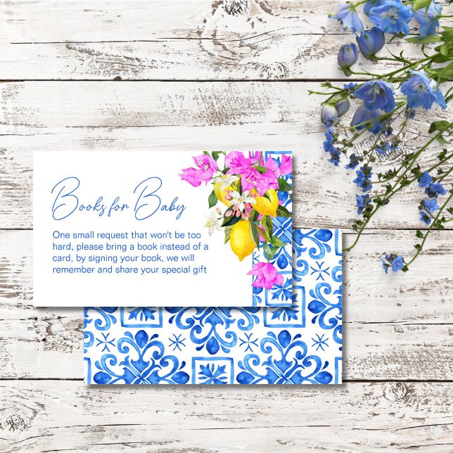 Cartão De Informações Pedido de livro Blue Azulejos Lemons Bougainvillea (Blue Tiles Lemons Bougainvillea Italian Mediterranean baby shower book request Enclosure Card)