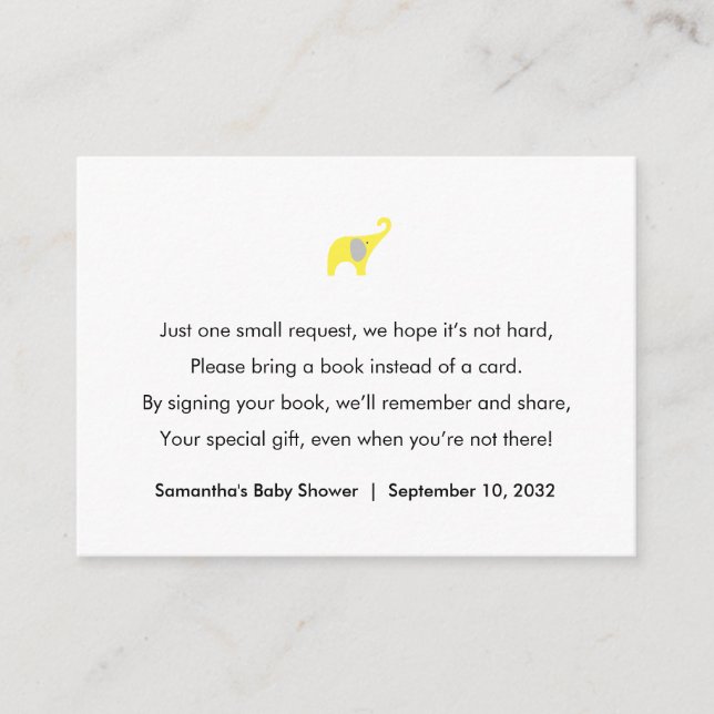 Cartão De Informações Pedido de Livro Elefante Amarelo / livros para beb (Frente)