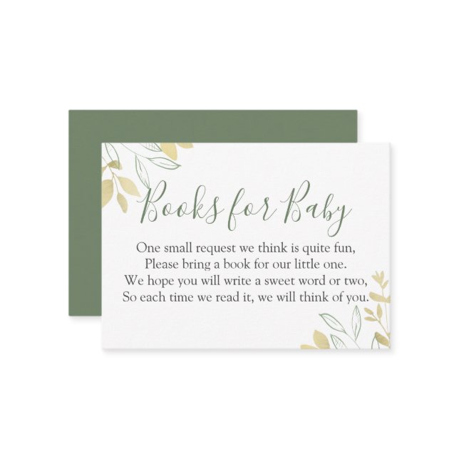 Cartão De Informações Pedido de Livro para Chás de Bebê em Verde Salvia  (Frente/Verso In Situ)