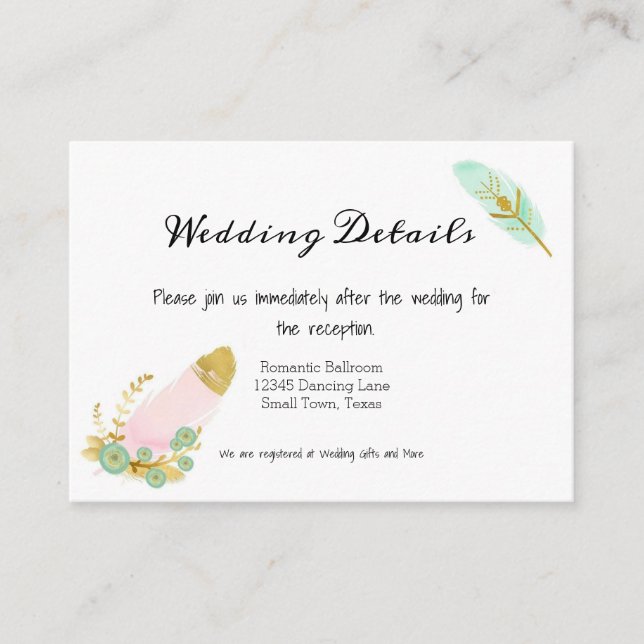 Cartão De Informações Penas Douradas de Auqa Rosa Boho (Frente)