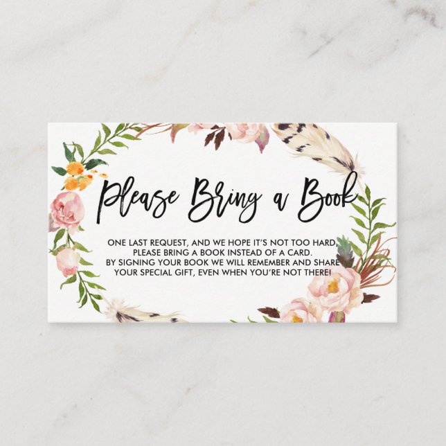 Cartão De Informações Penas e flores boêmicas Tragam um livro (Frente)