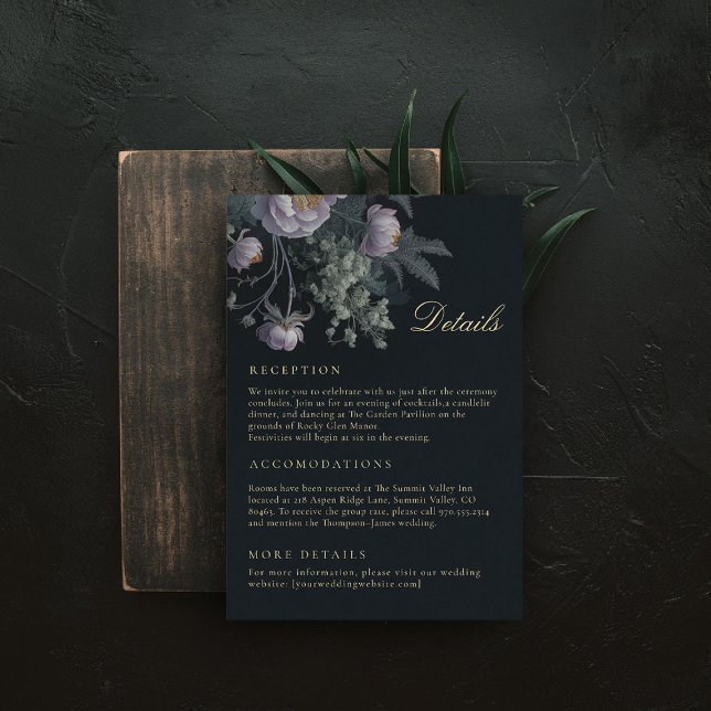 Cartão De Informações Peonies Dark Moody Wedding Details Enclosure Card (dark moody wedding details card reception accomodations lilac purple dusty peony painting romantic)
