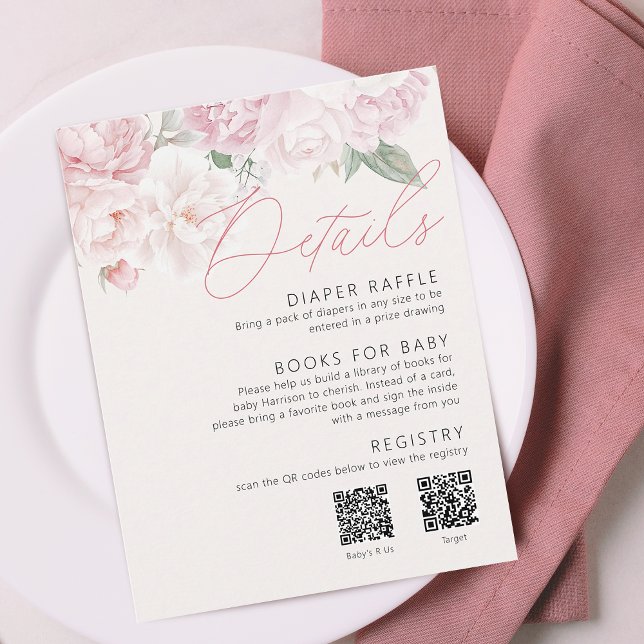 Cartão De Informações Peonies Elegante Detalhes do Chá de fraldas Rapari (Elegant Peonies Girl Baby Shower Details 2 QR Code Enclosure Card)