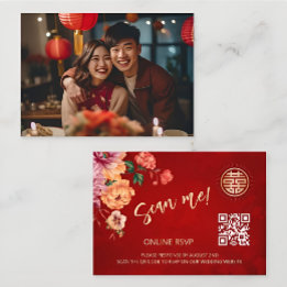 Cartão De Informações Peony Chinese Wedding Código QR RSVP Online