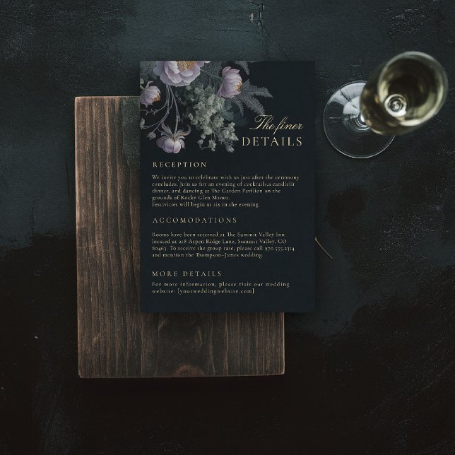 Cartão De Informações Peony Moody Weding Finer Details Enclosure Card (dark moody wedding details card lilac purple dusty peony painting romantic gothic winter fall)