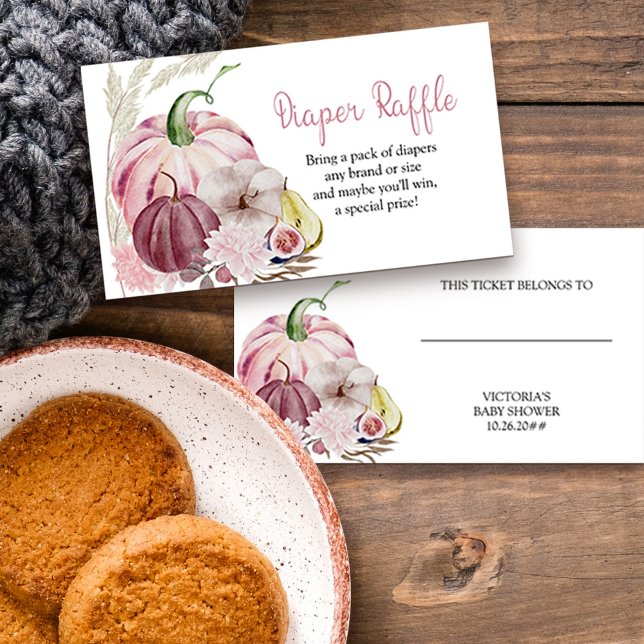 Cartão De Informações Pequena Fralda rosa-abaulada Carteira (Fall baby shower diaper raffle enclosure card with pink pumpkins)