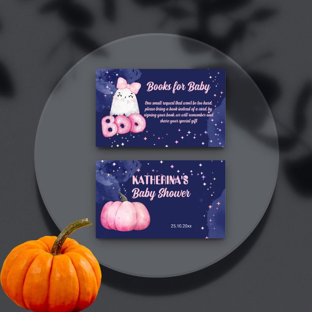 Cartão De Informações Pequenos livros de chá de fraldas de Halloween par (Little boo Halloween baby shower books for baby card cute pink baby ghost starry night background)