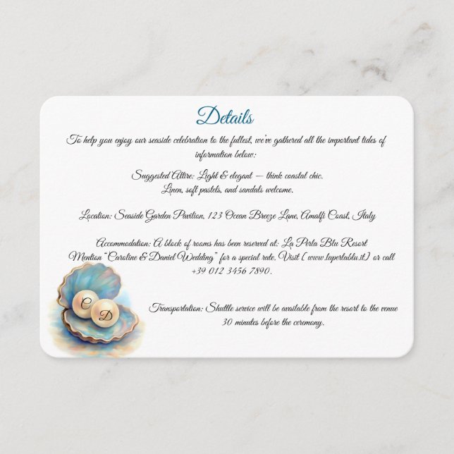 Cartão De Informações Pérolas de Casamento de Praia Shell Elegant Ocean  (Frente)