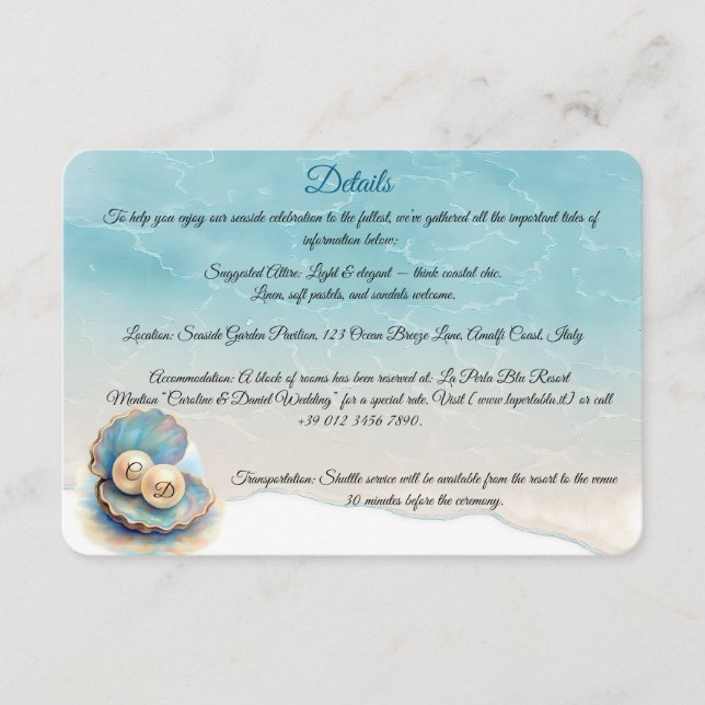 Cartão De Informações Pérolas de Casamento de Praia Shell Elegant Ocean  (Frente)