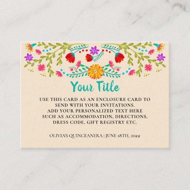 Cartão De Informações Personalizado do Champanhe Floral do Fiesta Mexica (Frente)