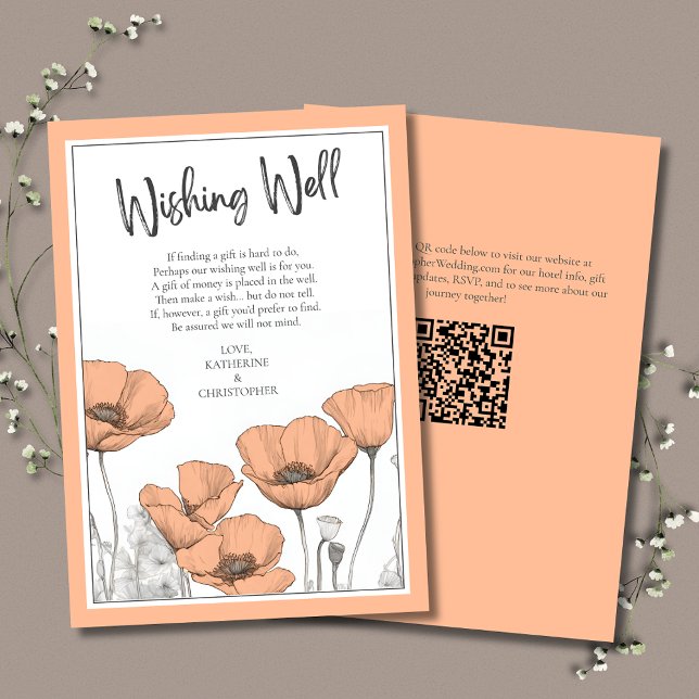 Cartão De Informações Pesspies Floral Elegante Desejando Bem (Peach Floral Wishing Well Enclosure Card with California Poppies and Modern Typography.)