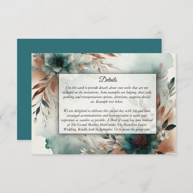 Cartão De Informações Pétalas de Teal no Casamento de Sangue de Bronze (Frente/Verso)