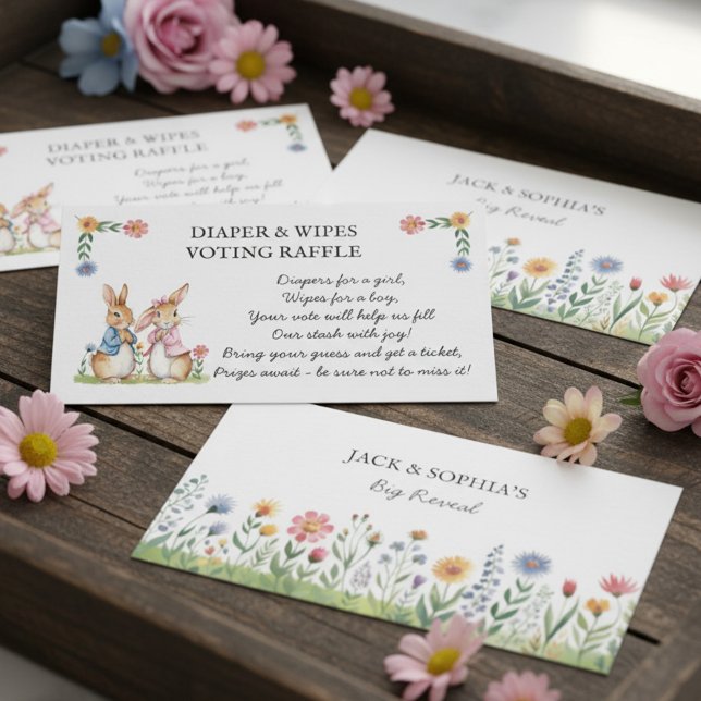 Cartão De Informações Peter Rabbit Diaper and Wipes Raffle Guessing Game (Peter Rabbit storybook themed gender reveal diaper & wipes voting raffle cards)