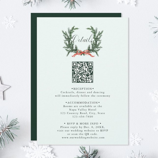 Cartão De Informações Pine Wreath Wedding QR Code Details Mint Green (Criador carregado)