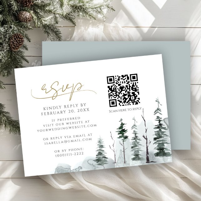Cartão De Informações Pinheiros de inverno Sage Código QR Casamento RSVP (Criador carregado)