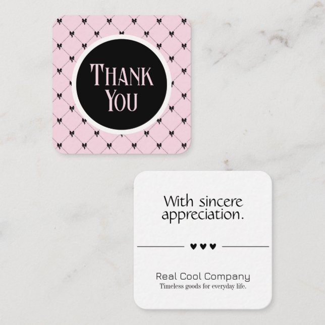 Cartão De Informações Pink & Black Bow Monogram Thank You Card (Frente/Verso)