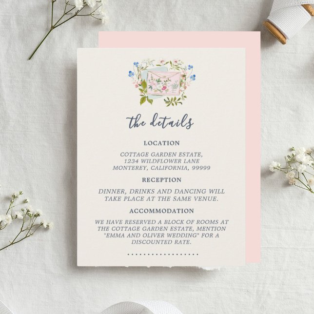 Cartão De Informações Pink Blue Wildflowers Romantic Garden Wedding (Pink Blue Wildflowers Romantic Garden Wedding Enclosure Card)