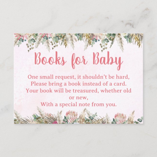 Cartão De Informações Pink Boho Pampas Grass Books for Baby Request Card (Frente)