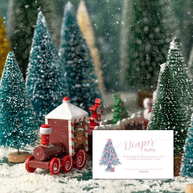 Cartão De Informações Pink Bow Christmas Tree Diaper Raffle Baby Shower  (Pink Bow Christmas Tree Diaper Raffle Baby Shower Enclosure Card)