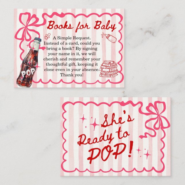 Cartão De Informações Pink Bow She's Ready to Pop Books for Baby (Frente/Verso)