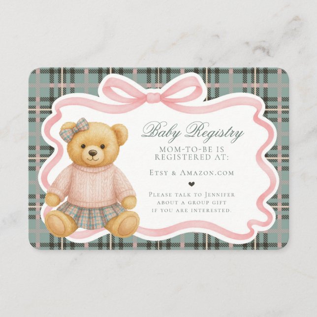 Cartão De Informações Pink Coquette Bow Bear Plaid Baby Registry Card (Frente)