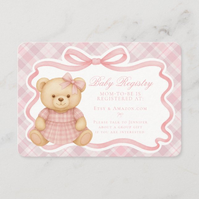Cartão De Informações Pink Coquette Bow Bear Plaid Baby Registry Card (Frente)